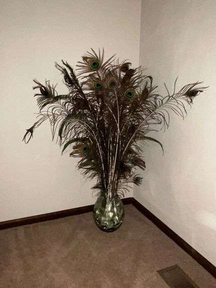 Glass 10" T vase with peacock feathers image