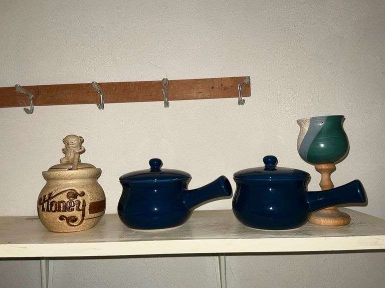 Crock soup bowls, honey pot, pottery stemware with wooden stem. image