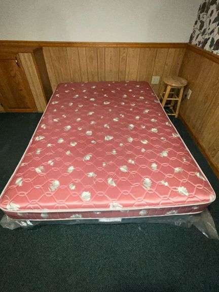 Full size mattress, box springs and wooden stool image