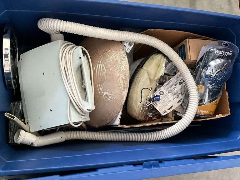 NIB Waterpik shower head, light fixtures, hardware, small canister vacuum in Sterilite 50 gallon tote image