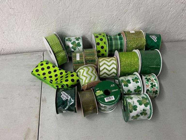 Clovers, green, plaid, polka dot wired decorative ribbons image