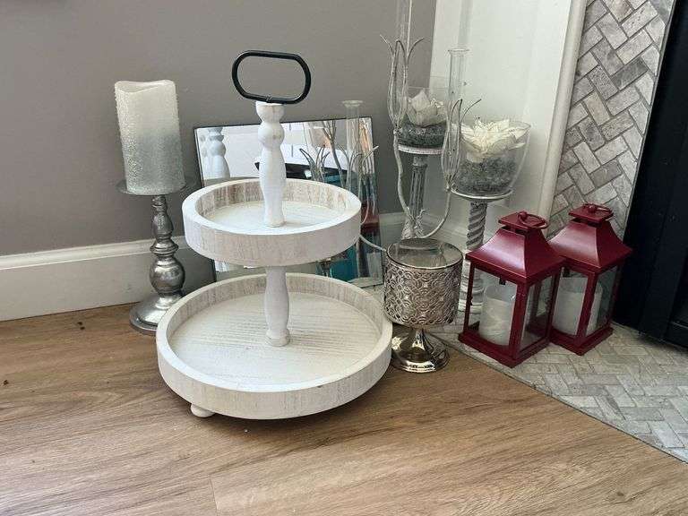Wood tiered tray, candles, candle holder, etc. image
