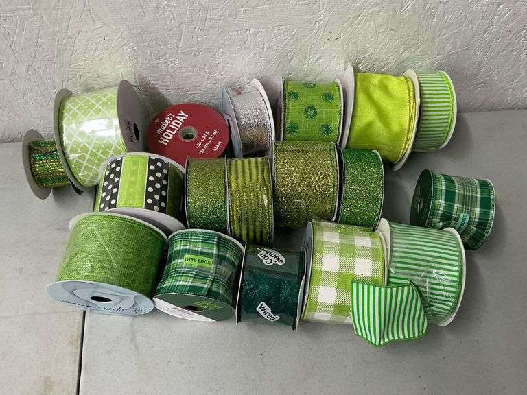 Green, plaid, glitter, polka dots wired decorative ribbon image