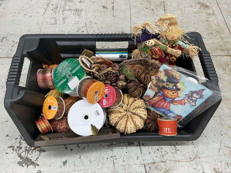 Tote of fall decorations, ribbon, pumpkins, owls, floral, etc. image