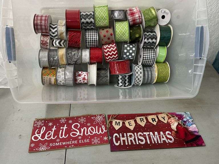 Pair of Christmas signs, red, grey, glitter wired decorative ribbon image