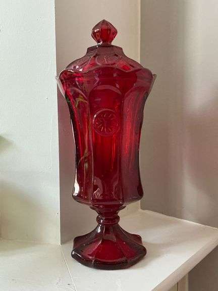 Red coin glass covered candy dish, 13" T. image