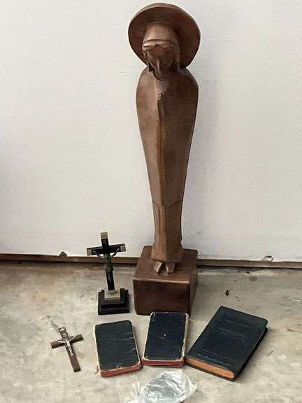 Wooden Madonna statue (22" T), small crucifix and Bibles image