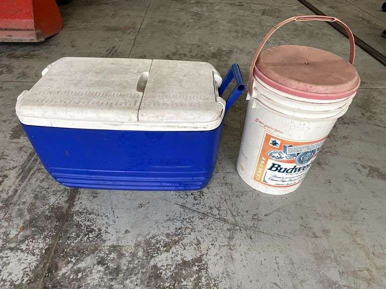 Igloo 34? qt. cooler, Budweiser 5-gallon bucket seat image