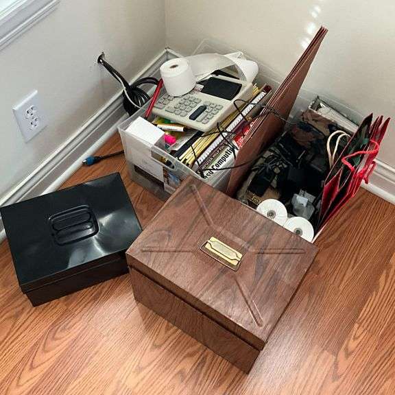 Office supplies, calculators, adding machine, money box, notepads image