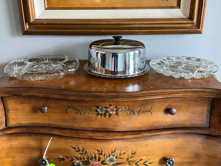 Glass egg plates, cake plate with stainless steel lid. image