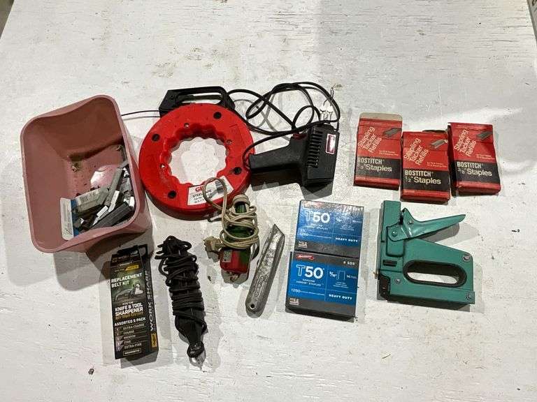 Weller soldering gun, 50' steel tape, engraving tool image