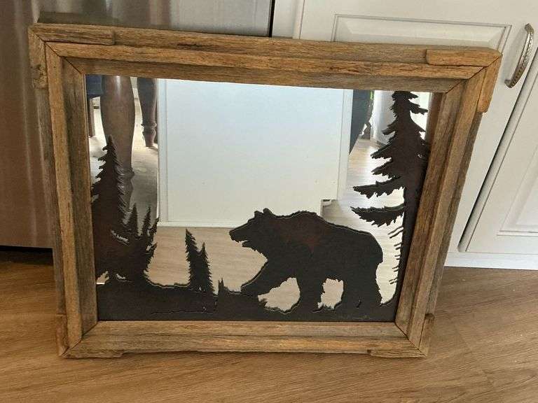 Barn wood framed mirror with bear silhouette image