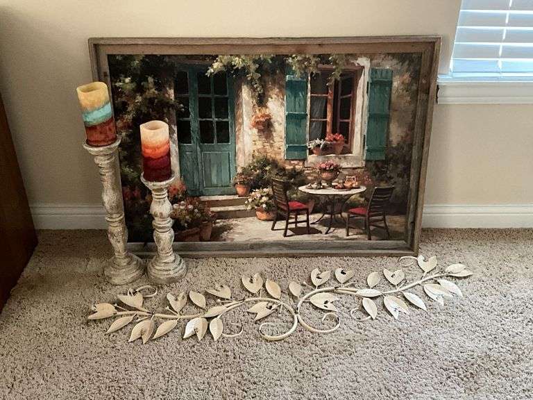 Bistro print framed with barnwood, 27 1/2" x 39", pair of candle holders and metal leaves 45" W image