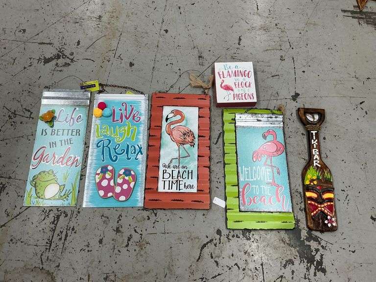 Assortment of metal and wood signs, Tiki, Beach, etc. image
