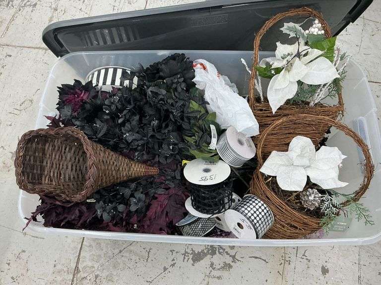 Tote of black and burgundy florals, baskets, ribbon image