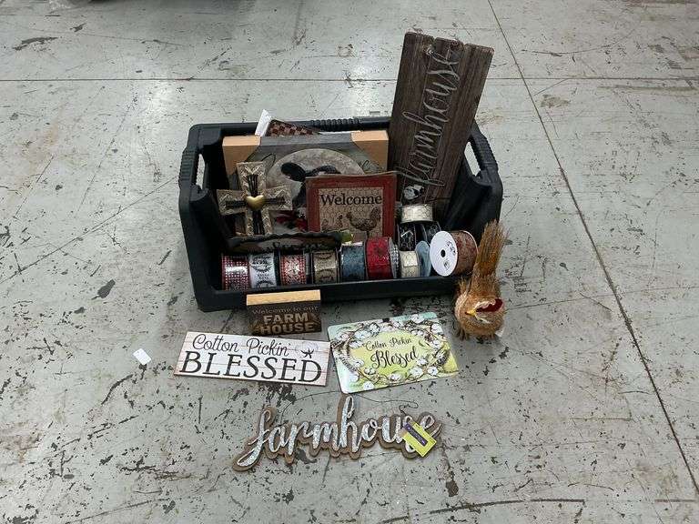 Tote of farmhouse decorations, signs, rooster, ribbon, cross, etc. image