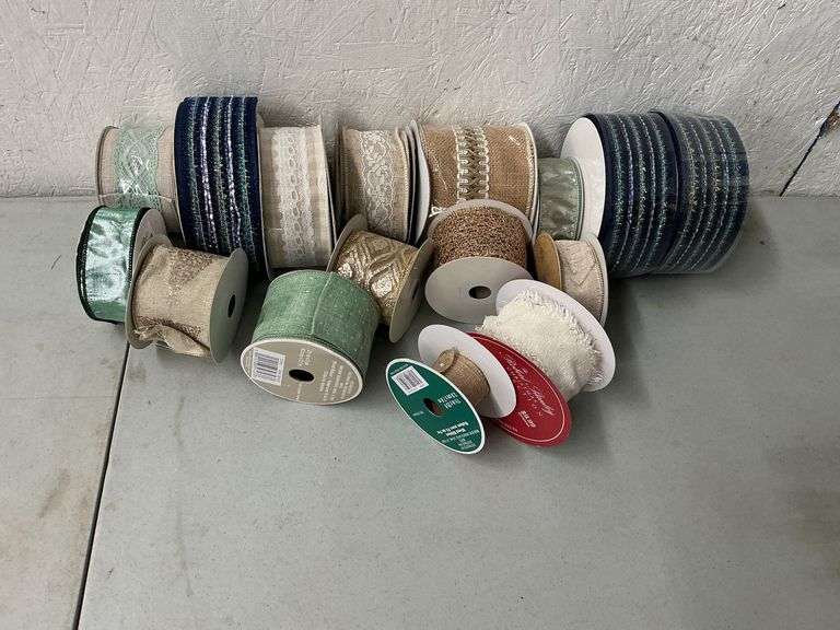 Taupe, linen, soft teal wired decorative ribbon image