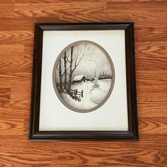 Framed and matted winter barn scene, artist signed by Carol Braun image