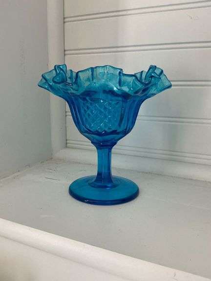 Blue ruffle edge pedestal bowl 5 1/2" T. image