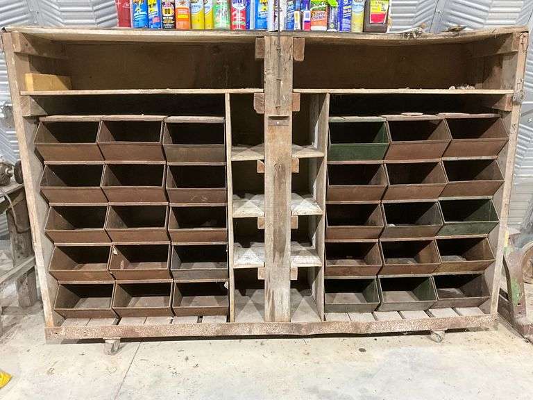 Wooden storage shelf with metal bins, CHEMICALS NOT INCLUDED image