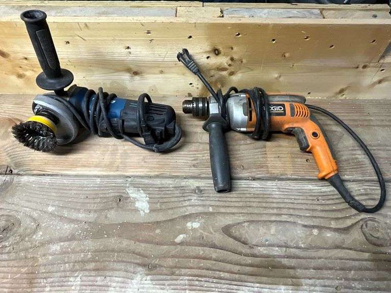 Ridgid 1/2" drill, Model R7111, Hercules angle grinder with wire wheel Model HE61P image