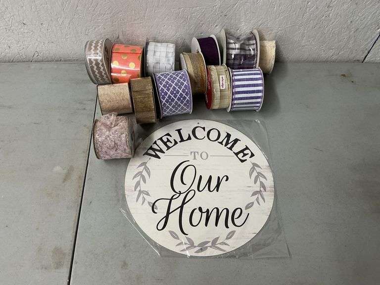 Welcome To Our Home round metal sign with assorted wired decorative ribbon image