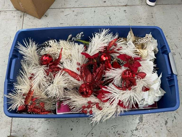 Red and white floral picks, wreaths, garland, rolling tote, etc. image