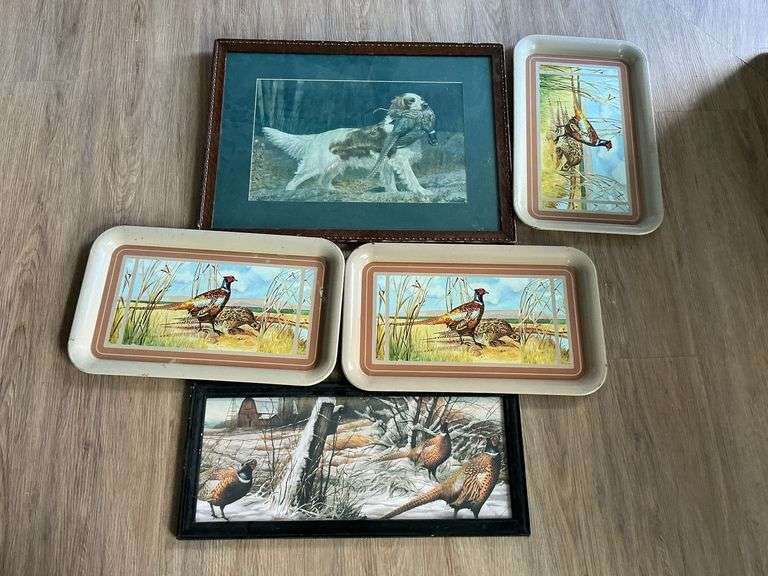 Alexander Pope framed artwork of dog and pheasant, 23" x 18" image