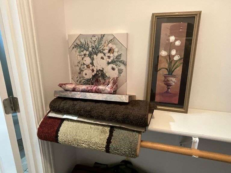 Floral canvas art, shower curtain, bath rugs image