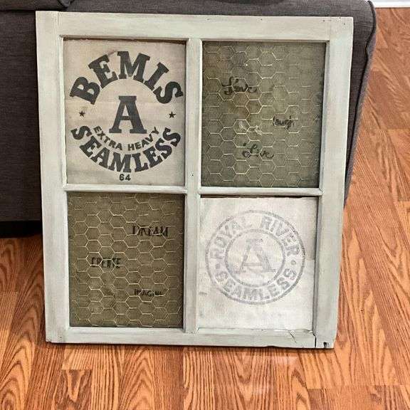 Framed feed sacks with chicken wire image