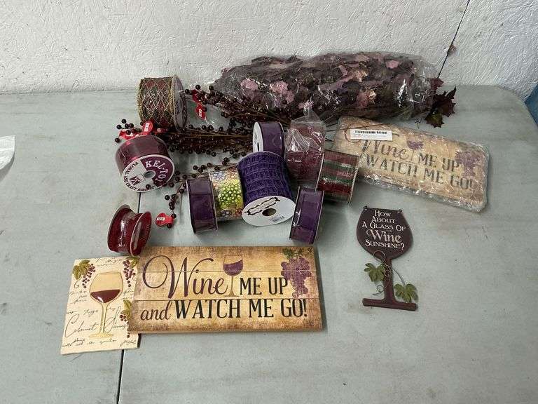 Wooden wine signs, floral picks, wired decorative ribbon image