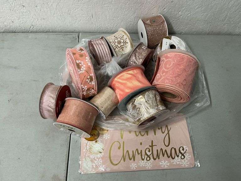 Metal Merry Christmas sign with matching wired decorative ribbon image