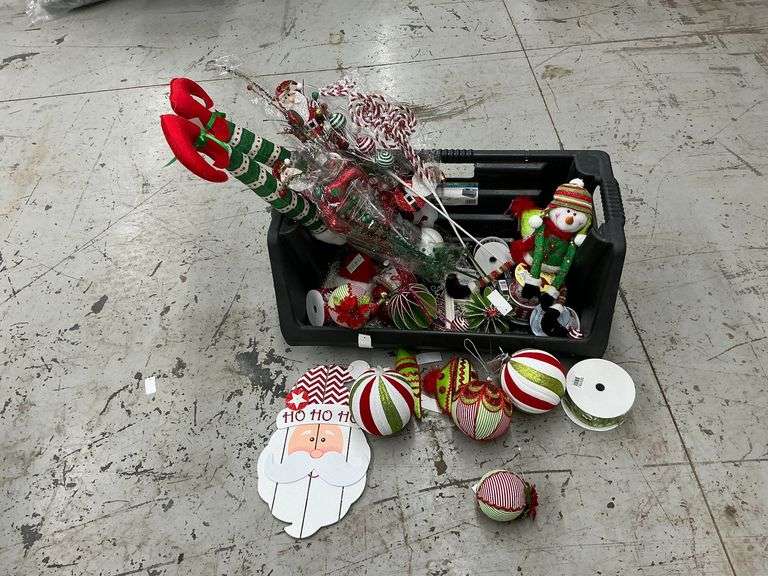 Tote of Christmas ornaments, snowmen, picks, ribbon, etc. image