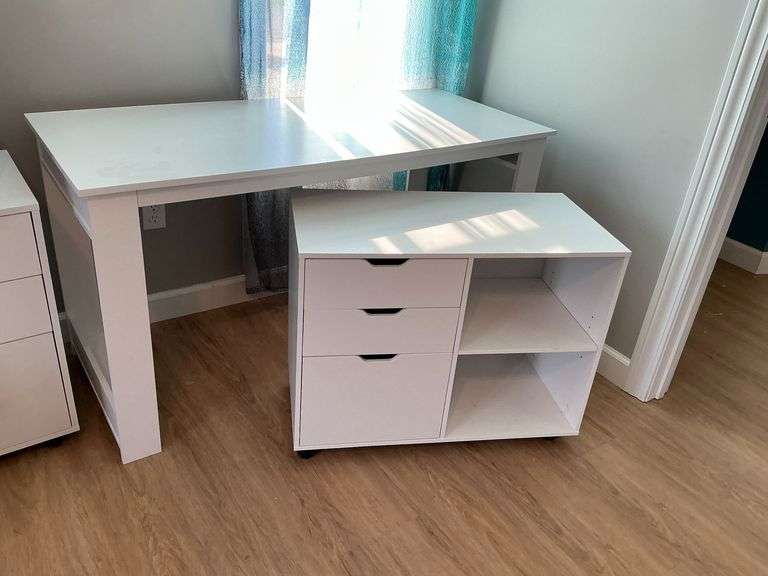 Pressed wood desk and rolling cabinet image
