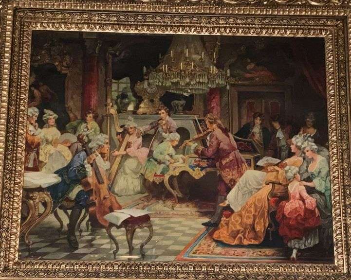 Vintage framed George Wohlking Victorian scene in ornate frame