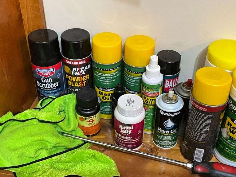 Gun cleaning solvents, REM oil, silica packs,