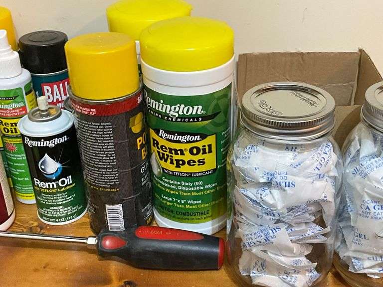 Gun cleaning solvents, REM oil, silica packs,