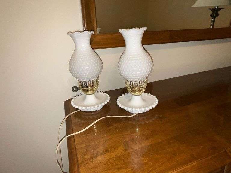 Pair of milk glass dresser lamps