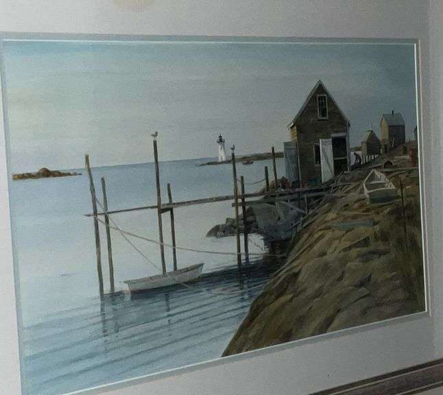 Fisherman getting ready for their day watercolor by Jack O'Hara, framed and matted
