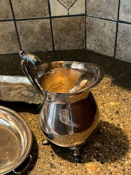 Silverplate items, 9" T pitcher, trays