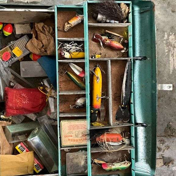 Vintage metal tackle box, vintage lures