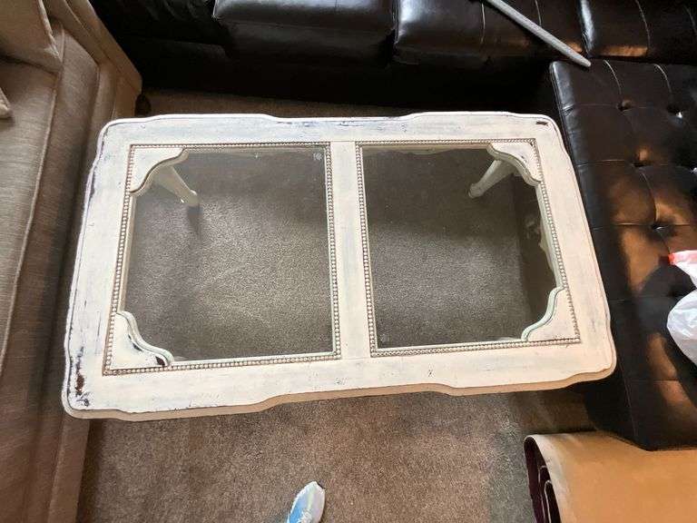 Farmhouse style coffee table, glass top