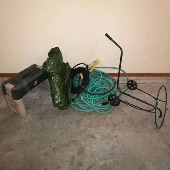 Garden hose, sprinkler, gardening seat, leaf bag holder, tarp, etc.
