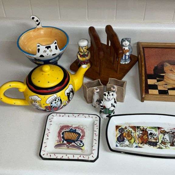 Cat teapot, wooden serving tray, footed bowl, salt & pepper shakers, etc.
