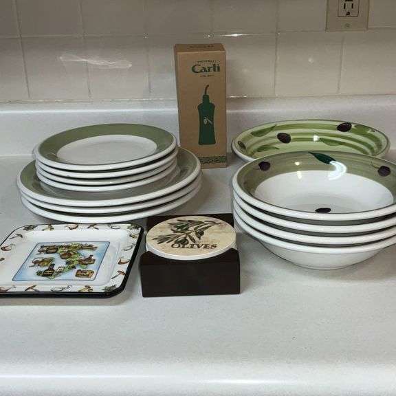 Olive themed dishes, Maxam, JAM, olive oil bottle, snack tray, coasters