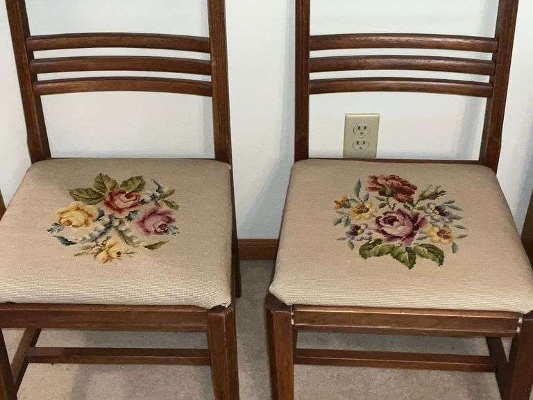 Pair of vintage chairs with needlepoint seats