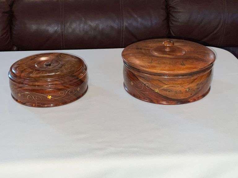 Pair of wooden turned boxes with lids