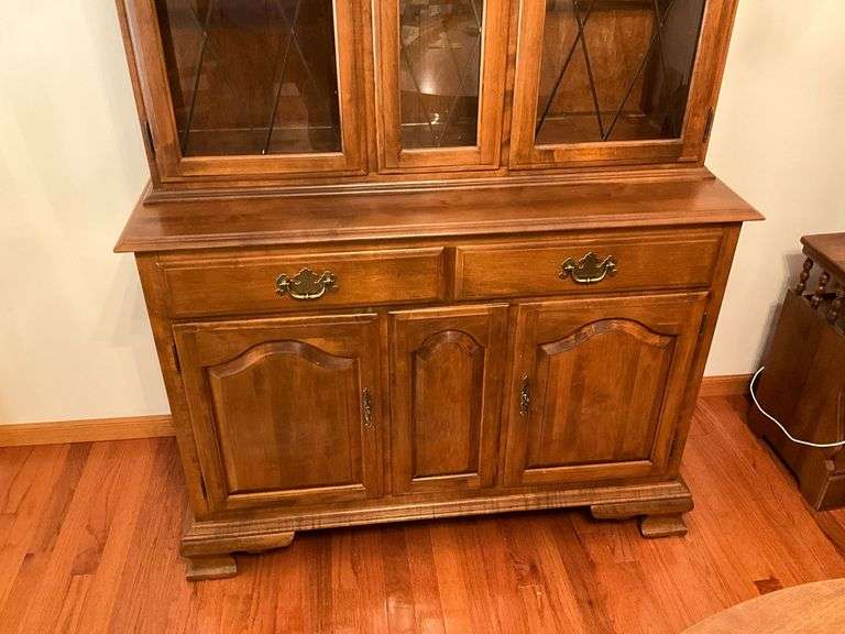 Ethan Allen two-piece china hutch, lighted, plate rails, flatware drawer