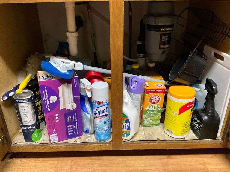 Assortment of cleaning supplies under the sink image