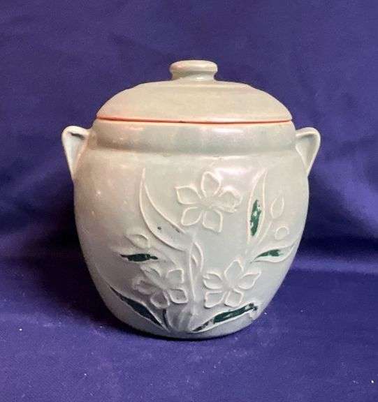 Vintage glazed pottery cookie jar with lid image